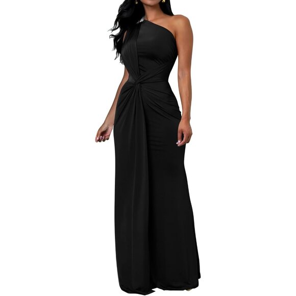 Women's Sleeveless One Shoulder Bodycon Evening Maxi Dress Black Large